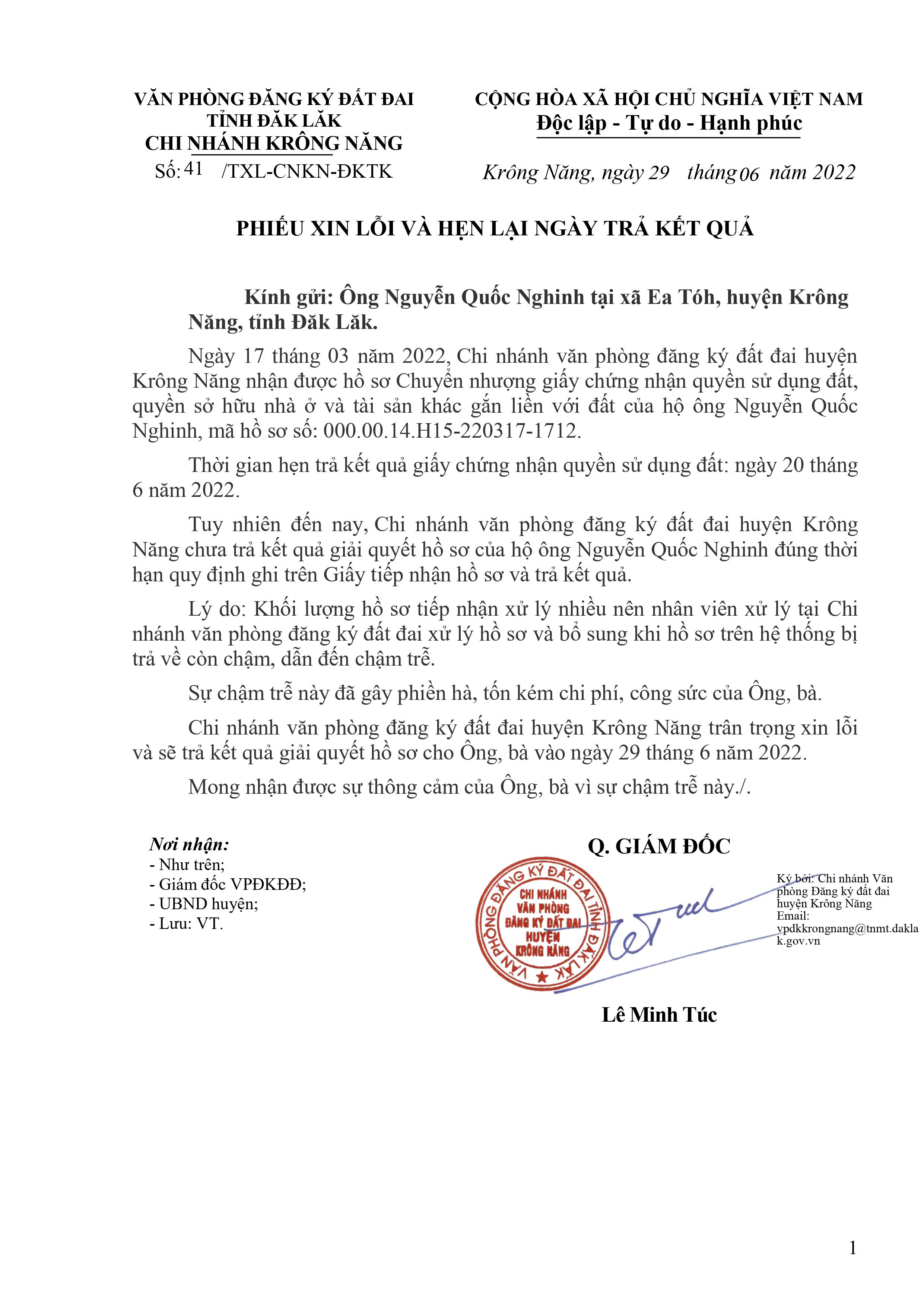Phiếu xin lỗi và hẹn lại ngày trả kết quả Ông Nguyễn Quốc Nghinh